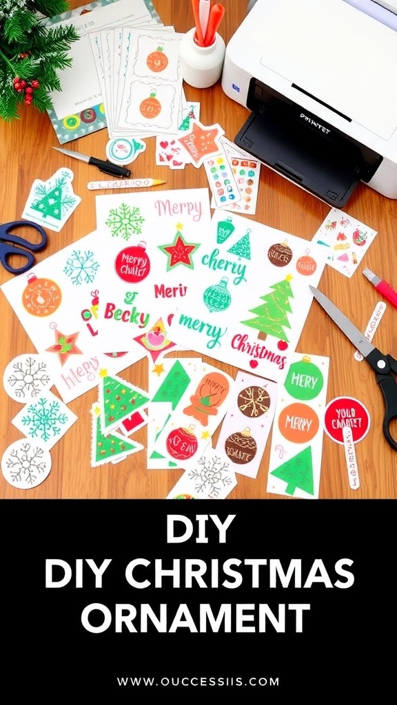 A collection of DIY Christmas ornament stickers with festive designs on a craft table.
